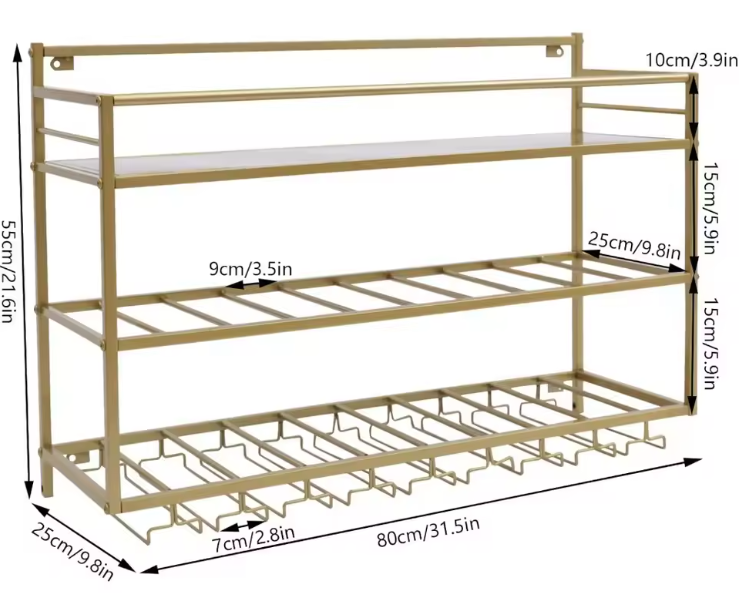 Industriële Wand Wijnrek – 3-Lagen Flessenrek met Glashouder, Goud