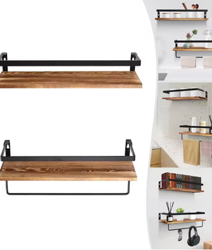 2-Laags Wandplank – Houten Wandrek met Handdoekhouder, 40 cm