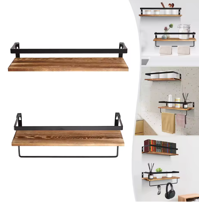 2-Laags Wandplank – Houten Wandrek met Handdoekhouder, 40 cm