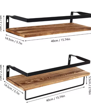 2-Laags Wandplank – Houten Wandrek met Handdoekhouder, 40 cm