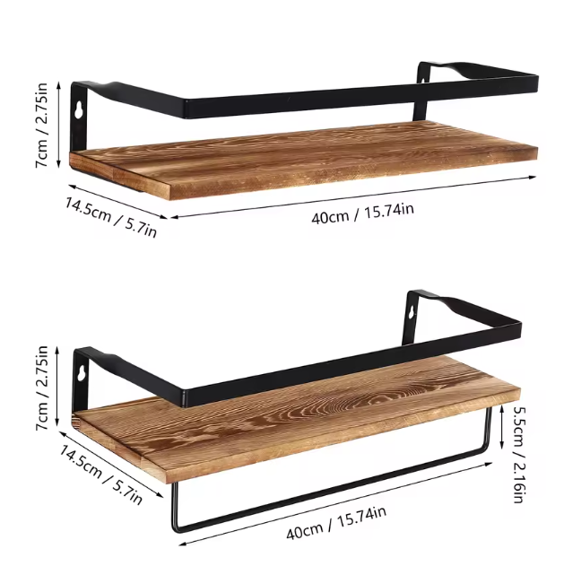 2-Laags Wandplank – Houten Wandrek met Handdoekhouder, 40 cm
