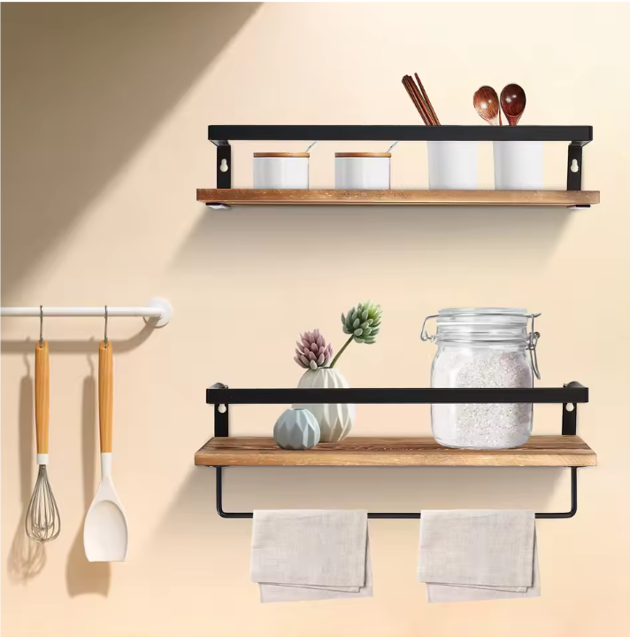 2-Laags Wandplank – Houten Wandrek met Handdoekhouder, 40 cm