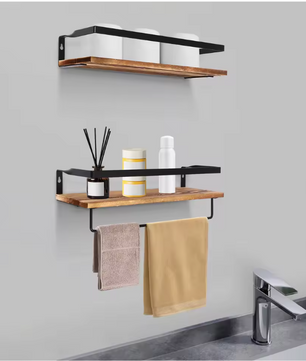 2-Laags Wandplank – Houten Wandrek met Handdoekhouder, 40 cm