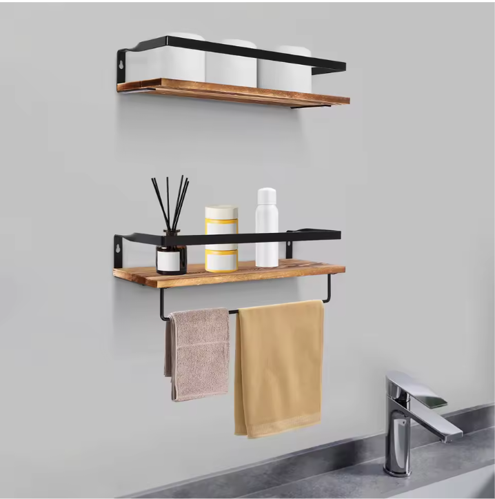 2-Laags Wandplank – Houten Wandrek met Handdoekhouder, 40 cm