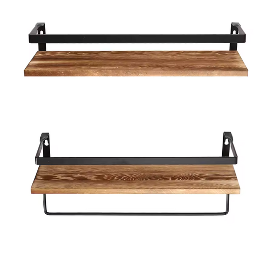 2-Laags Wandplank – Houten Wandrek met Handdoekhouder, 40 cm
