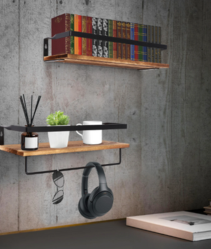 2-Laags Wandplank – Houten Wandrek met Handdoekhouder, 40 cm