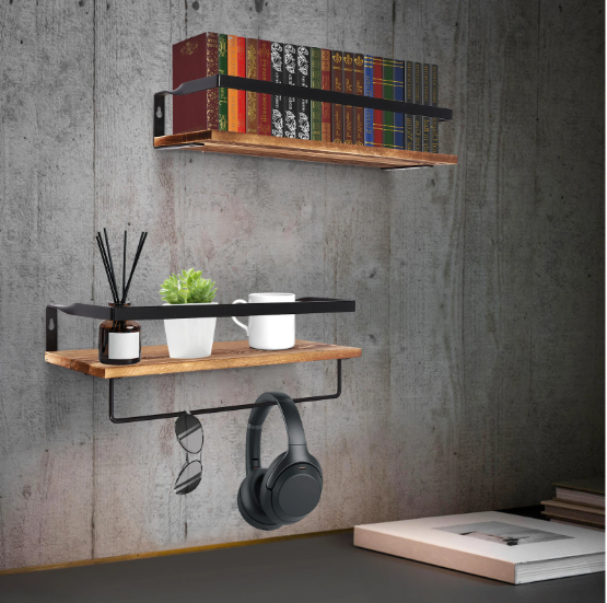 2-Laags Wandplank – Houten Wandrek met Handdoekhouder, 40 cm