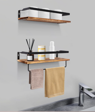 2-Laags Wandplank – Houten Wandrek met Handdoekhouder, 40 cm