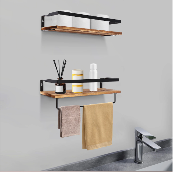 2-Laags Wandplank – Houten Wandrek met Handdoekhouder, 40 cm