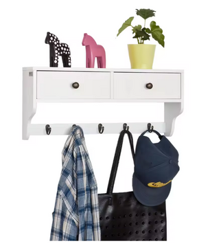 Wandkast met Lades & Haken – MDF Wandplank met 2 Lades en 5 Haken, Wit