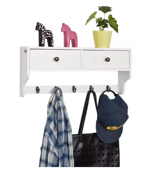 Wandkast met Lades & Haken – MDF Wandplank met 2 Lades en 5 Haken, Wit