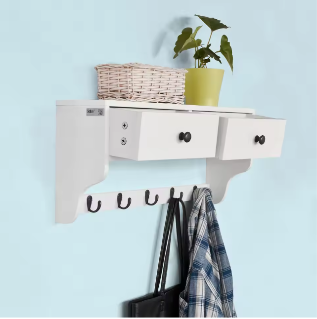 Wandkast met Lades & Haken – MDF Wandplank met 2 Lades en 5 Haken, Wit