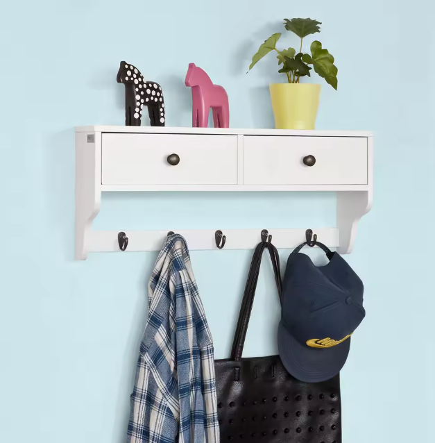 Wandkast met Lades & Haken – MDF Wandplank met 2 Lades en 5 Haken, Wit