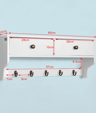 Wandkast met Lades & Haken – MDF Wandplank met 2 Lades en 5 Haken, Wit