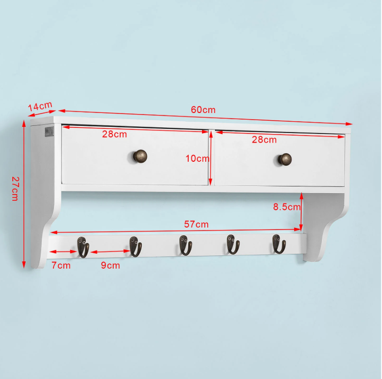 Wandkast met Lades & Haken – MDF Wandplank met 2 Lades en 5 Haken, Wit