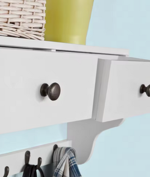 Wandkast met Lades & Haken – MDF Wandplank met 2 Lades en 5 Haken, Wit