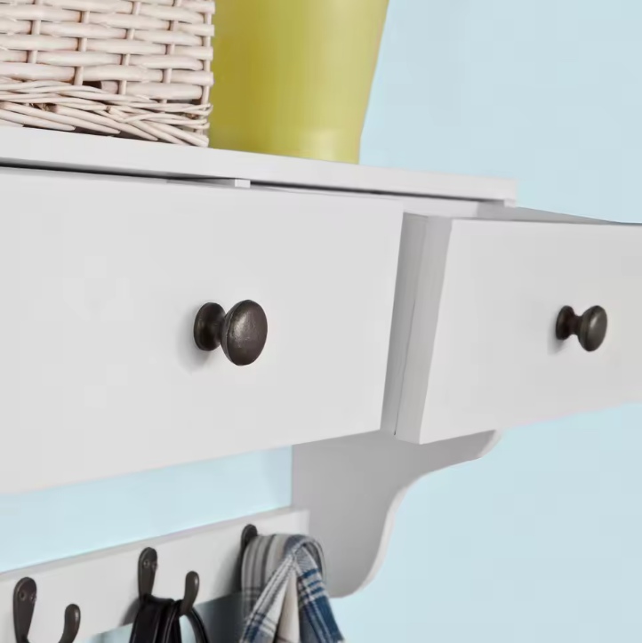 Wandkast met Lades & Haken – MDF Wandplank met 2 Lades en 5 Haken, Wit