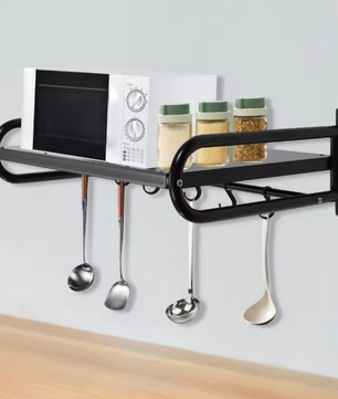 Wandplank Keuken 53 cm – Koolstofstaal Magnetronrek met 6 Haken, 30 kg Draagvermogen