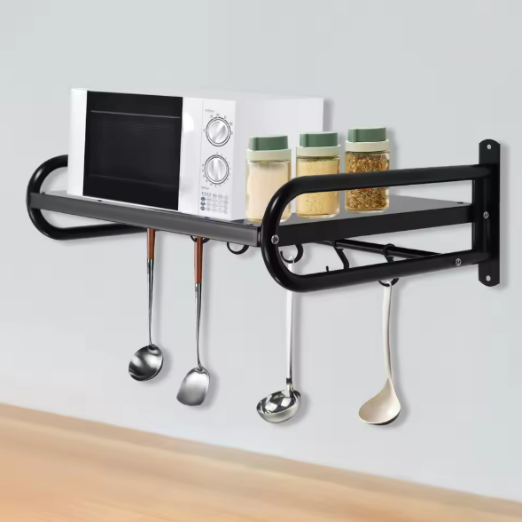 Wandplank Keuken 53 cm – Koolstofstaal Magnetronrek met 6 Haken, 30 kg Draagvermogen
