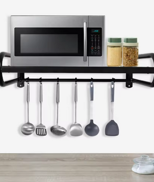 Wandplank Keuken 53 cm – Koolstofstaal Magnetronrek met 6 Haken, 30 kg Draagvermogen