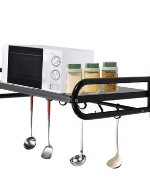 Wandplank Keuken 53 cm – Koolstofstaal Magnetronrek met 6 Haken, 30 kg Draagvermogen