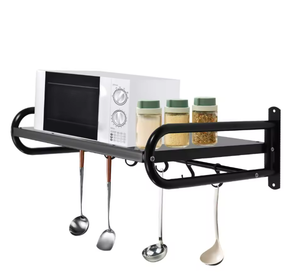 Wandplank Keuken 53 cm – Koolstofstaal Magnetronrek met 6 Haken, 30 kg Draagvermogen
