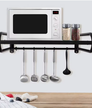 Wandplank Keuken 53 cm – Koolstofstaal Magnetronrek met 6 Haken, 30 kg Draagvermogen