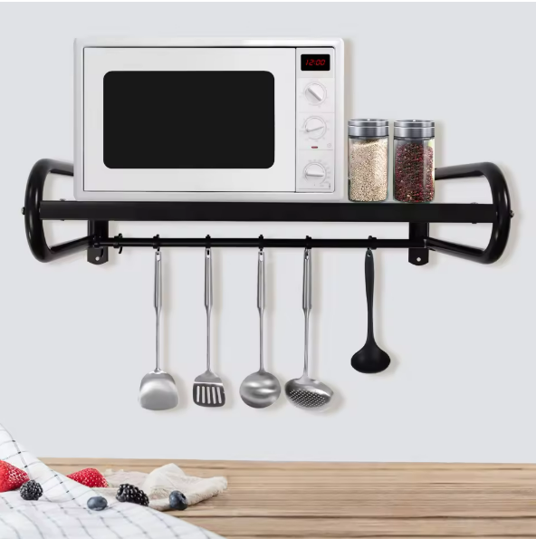 Wandplank Keuken 53 cm – Koolstofstaal Magnetronrek met 6 Haken, 30 kg Draagvermogen