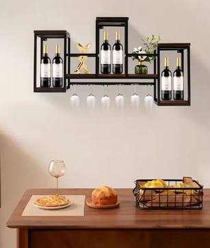 Europees Wijnrek – Houten & Metalen Wandrek met Glashouder, 106 cm