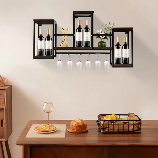 Europees Wijnrek – Houten & Metalen Wandrek met Glashouder, 106 cm