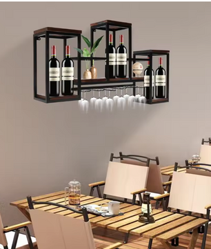 Europees Wijnrek – Houten & Metalen Wandrek met Glashouder, 106 cm