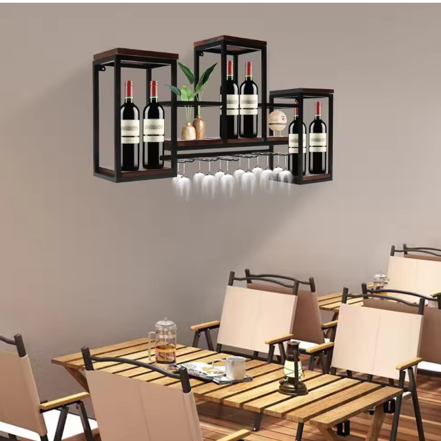 Europees Wijnrek – Houten & Metalen Wandrek met Glashouder, 106 cm