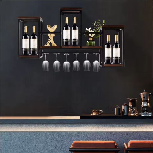Europees Wijnrek – Houten & Metalen Wandrek met Glashouder, 106 cm