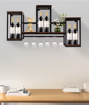 Europees Wijnrek – Houten & Metalen Wandrek met Glashouder, 106 cm
