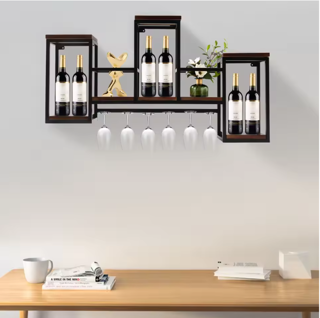 Europees Wijnrek – Houten & Metalen Wandrek met Glashouder, 106 cm