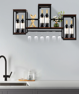 Europees Wijnrek – Houten & Metalen Wandrek met Glashouder, 106 cm