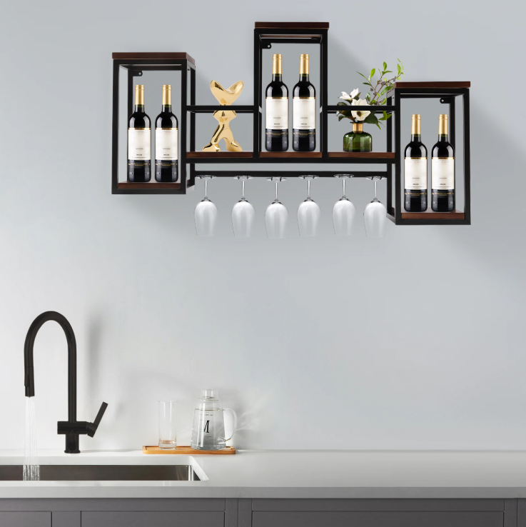 Europees Wijnrek – Houten & Metalen Wandrek met Glashouder, 106 cm