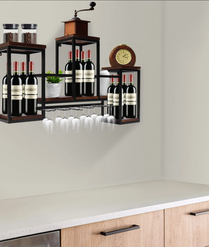 Europees Wijnrek – Houten & Metalen Wandrek met Glashouder, 106 cm