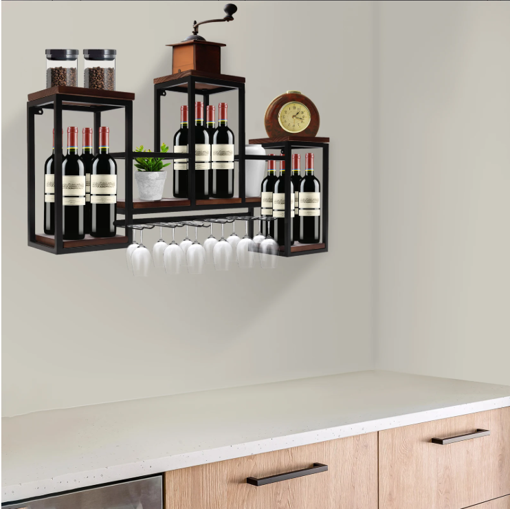 Europees Wijnrek – Houten & Metalen Wandrek met Glashouder, 106 cm