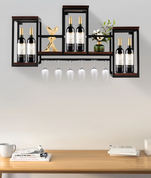Europees Wijnrek – Houten & Metalen Wandrek met Glashouder, 106 cm