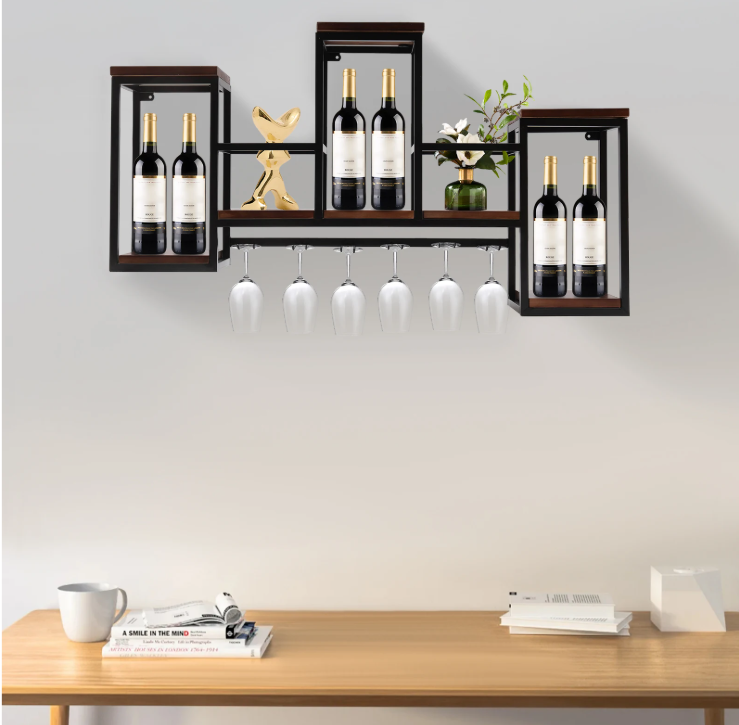 Europees Wijnrek – Houten & Metalen Wandrek met Glashouder, 106 cm