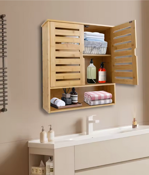 3-Laags Bamboe Wandkast – Organizer met Deuren & Planken, 58 cm