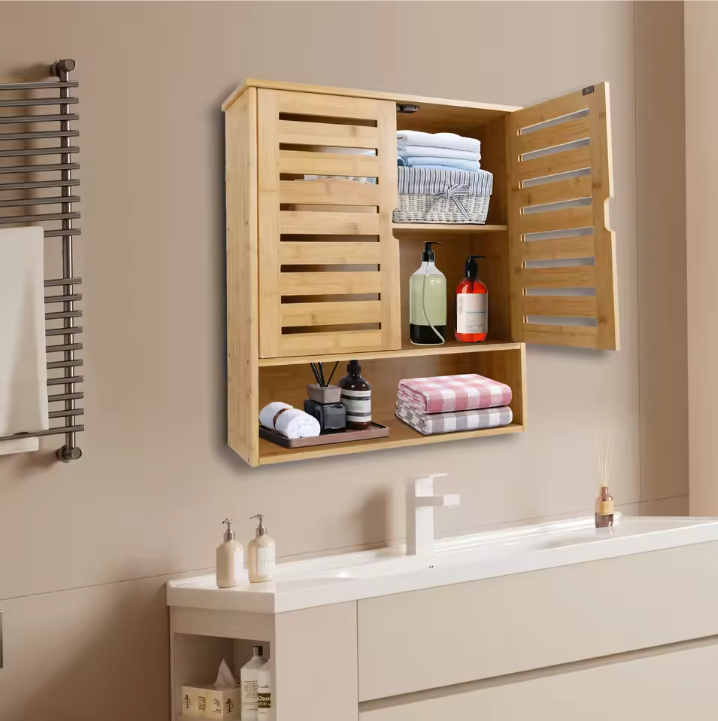 3-Laags Bamboe Wandkast – Organizer met Deuren & Planken, 58 cm