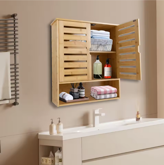 3-Laags Bamboe Wandkast – Organizer met Deuren & Planken, 58 cm