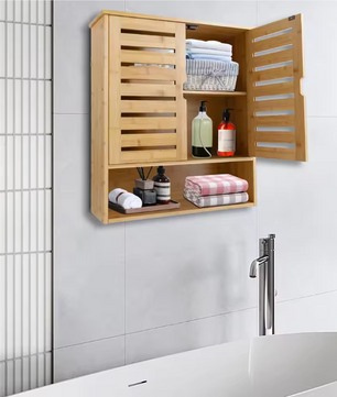3-Laags Bamboe Wandkast – Organizer met Deuren & Planken, 58 cm