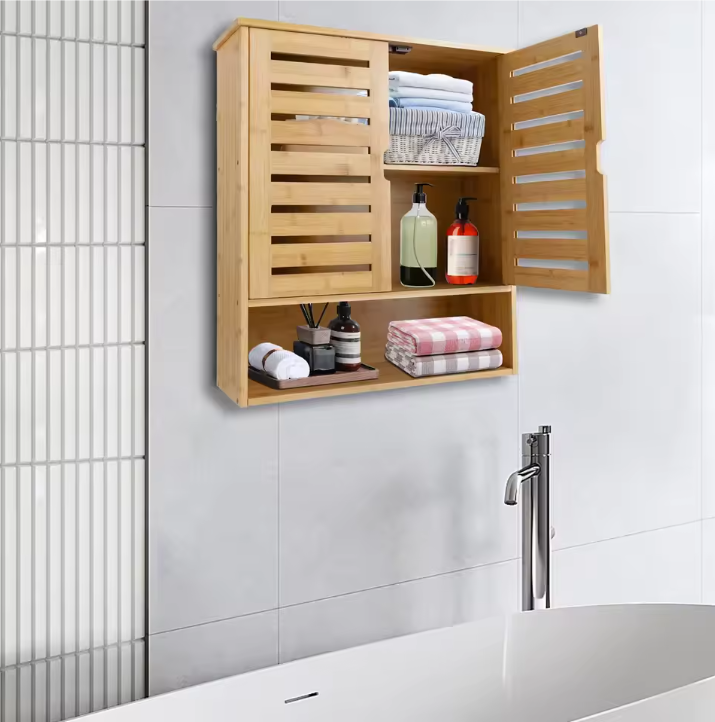 3-Laags Bamboe Wandkast – Organizer met Deuren & Planken, 58 cm