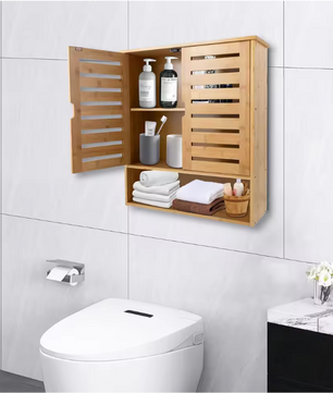 3-Laags Bamboe Wandkast – Organizer met Deuren & Planken, 58 cm