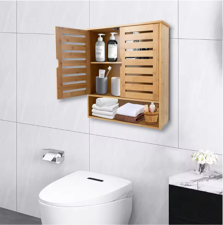 3-Laags Bamboe Wandkast – Organizer met Deuren & Planken, 58 cm