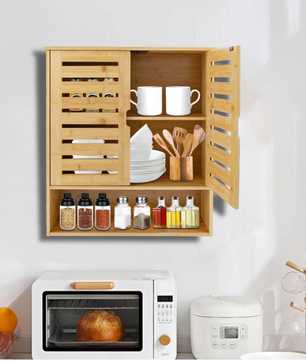 3-Laags Bamboe Wandkast – Organizer met Deuren & Planken, 58 cm