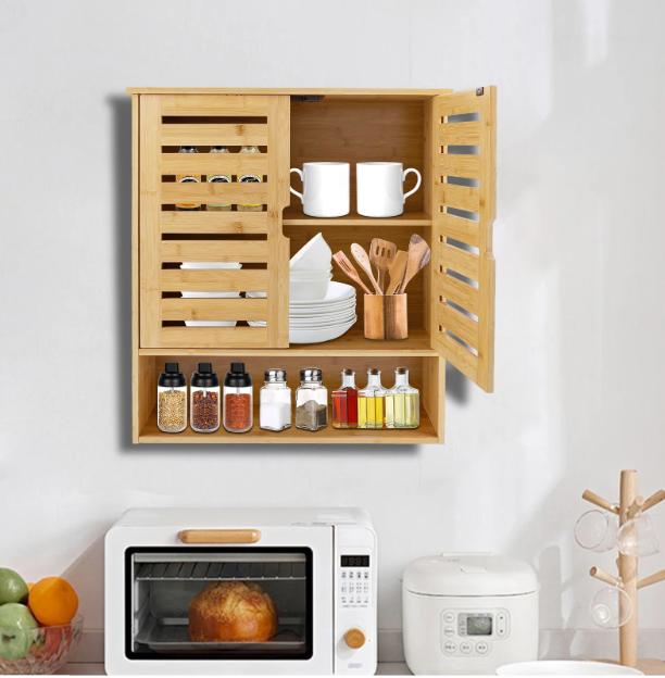 3-Laags Bamboe Wandkast – Organizer met Deuren & Planken, 58 cm